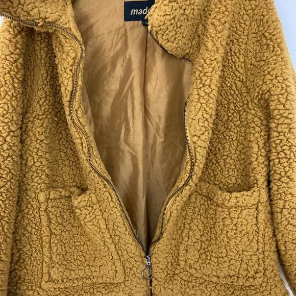 Madden Teddy Bear Jacket Size L Mustard Full Zip Pockets Lined Long Sleeve - Picture 9 of 13